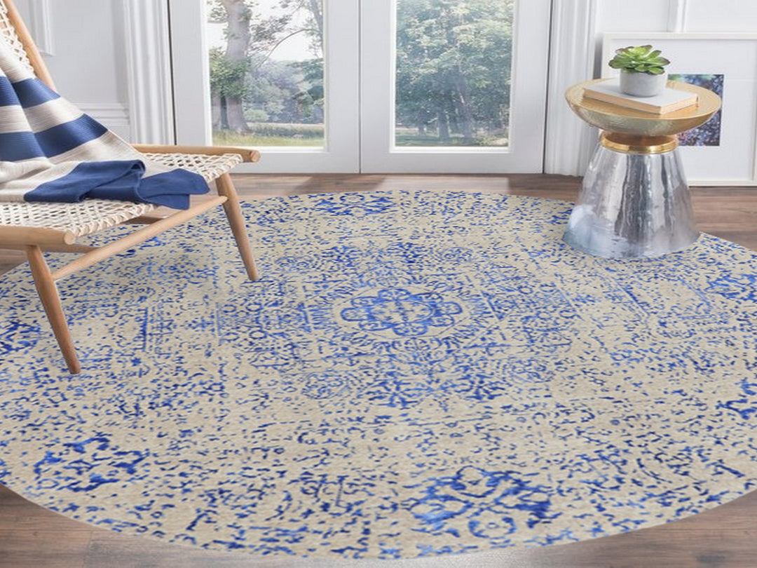 8'0" x 8'0" New Hand Loomed Blue Wool & Silk Round Oriental Rug - MOA10258118