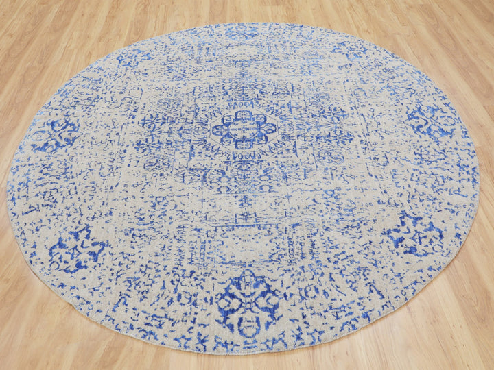 8'0" x 8'0" New Hand Loomed Blue Wool & Silk Round Oriental Rug - MOA10258118