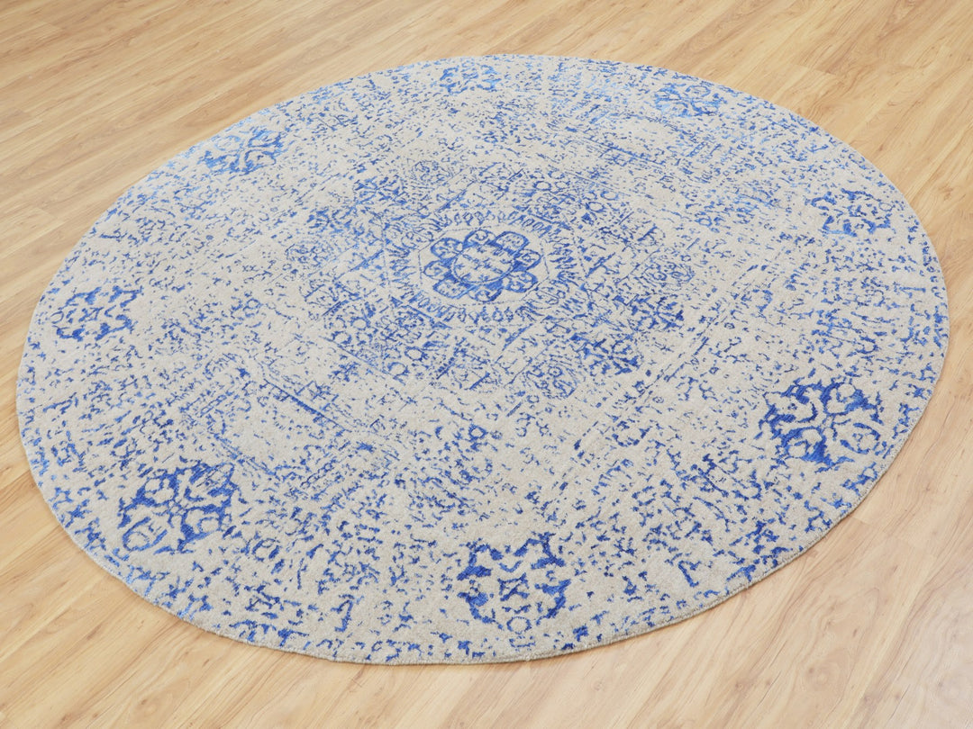 8'0" x 8'0" New Hand Loomed Blue Wool & Silk Round Oriental Rug - MOA10258118