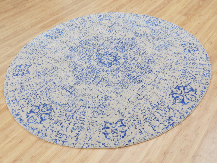 8'0" x 8'0" New Hand Loomed Blue Wool & Silk Round Oriental Rug - MOA10258118