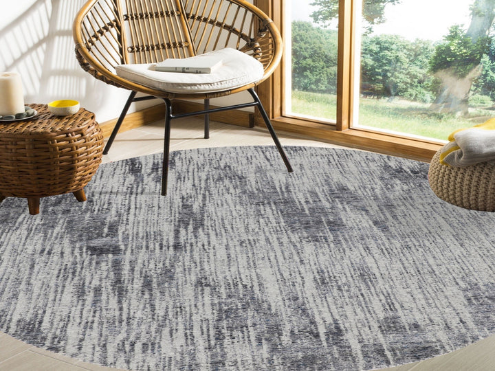 7'9" x 7'9" New Hand Loomed Grey Wool & Art Silk Round Oriental Rug - MOA10258119