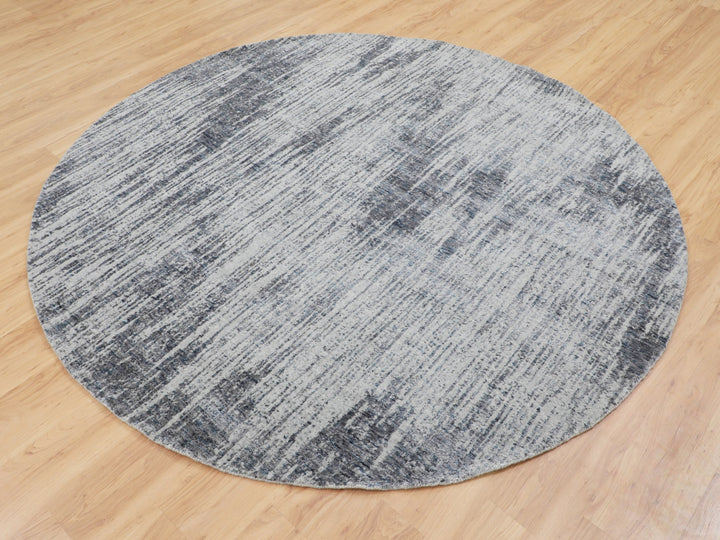 7'9" x 7'9" New Hand Loomed Grey Wool & Art Silk Round Oriental Rug - MOA10258119