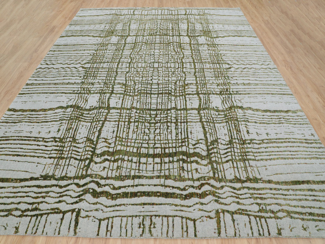 11'9" x 14'8" New Hand Loomed Grey Wool & Art Silk Rectangle Oriental Rug - MOA10258126