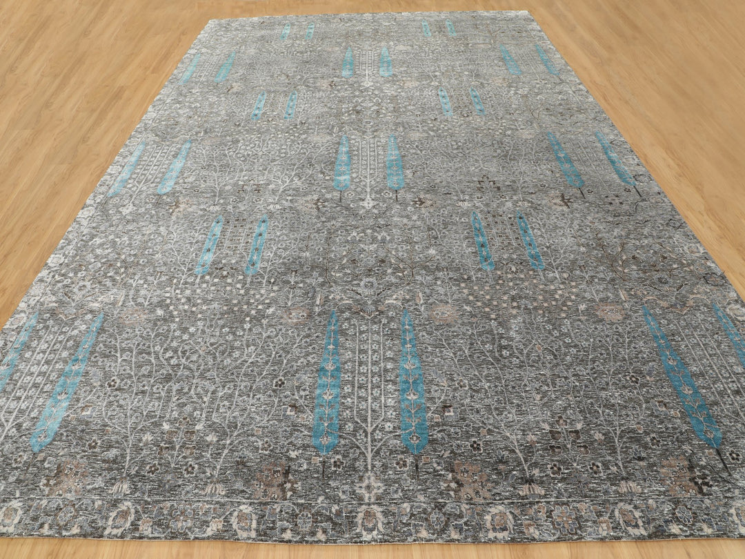 12'0" x 17'9" New Hand Knotted Brown Wool & Silk Rectangle Oriental Rug - MOA10258142