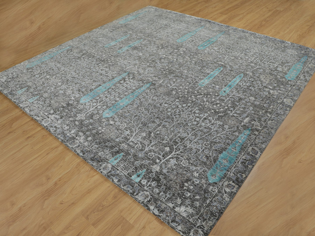 10'0" x 10'0" New Hand Knotted Brown Wool & Silk Square Oriental Rug - MOA10258160