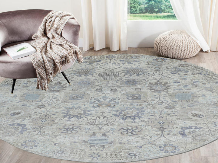 10'0" x 10'0" New Hand Knotted Ivory Wool & Silk Round Oriental Rug - MOA10258165