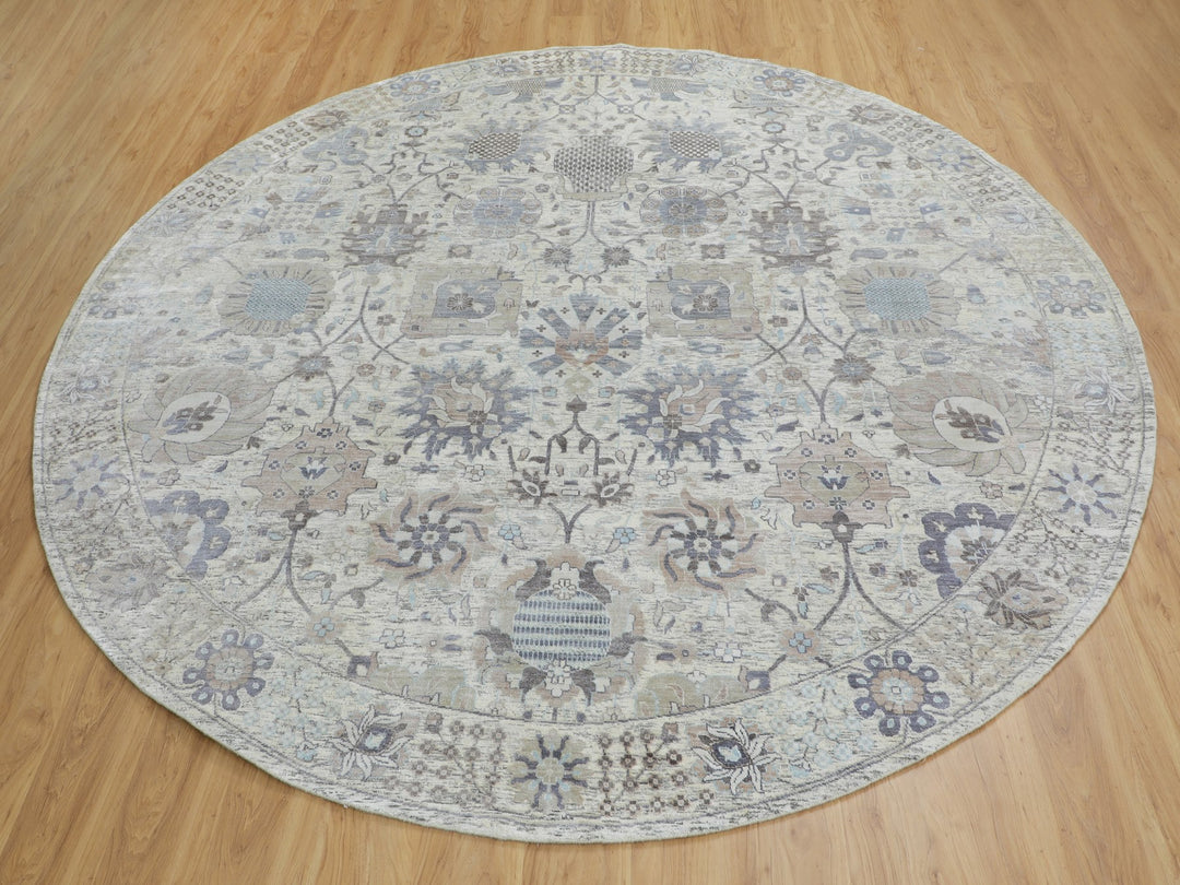 10'0" x 10'0" New Hand Knotted Ivory Wool & Silk Round Oriental Rug - MOA10258165