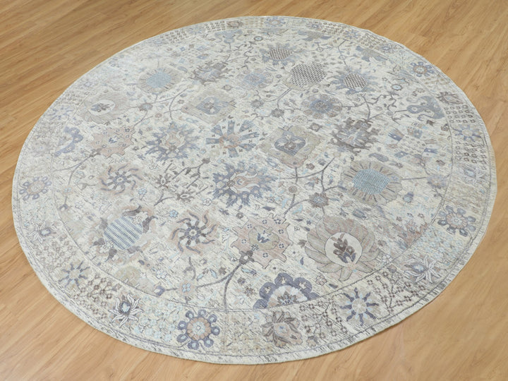 10'0" x 10'0" New Hand Knotted Ivory Wool & Silk Round Oriental Rug - MOA10258165