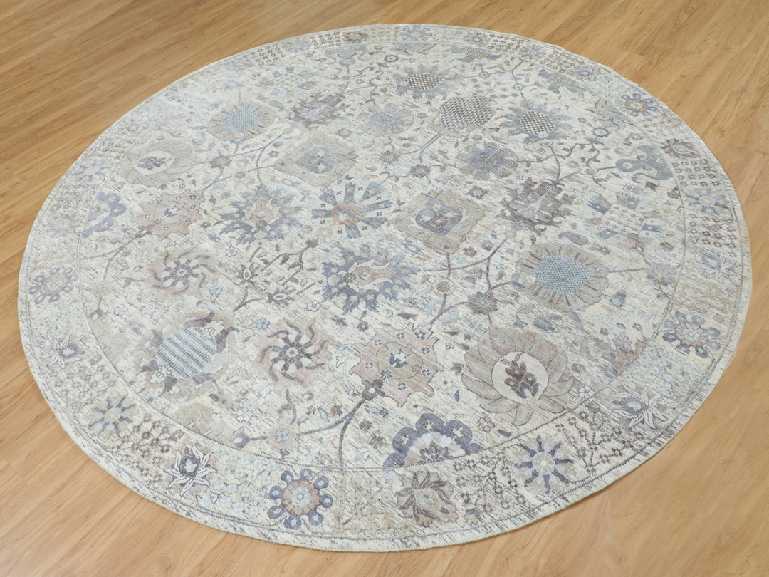 10'0" x 10'0" New Hand Knotted Ivory Wool & Silk Round Oriental Rug - MOA10258165
