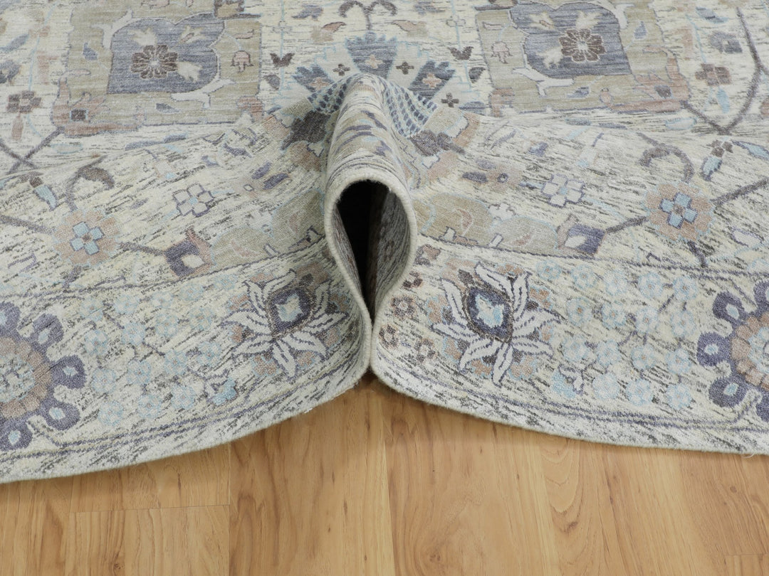 10'0" x 10'0" New Hand Knotted Ivory Wool & Silk Round Oriental Rug - MOA10258165