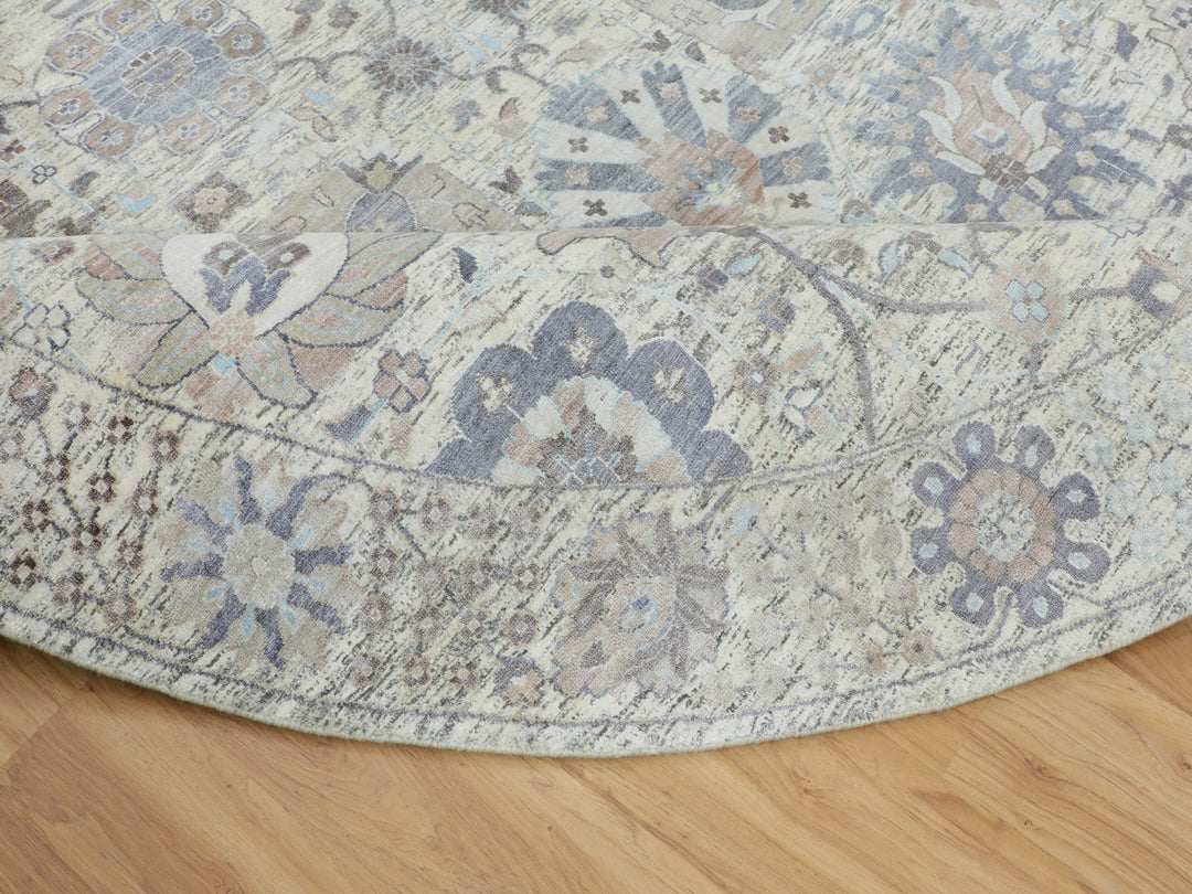 10'0" x 10'0" New Hand Knotted Ivory Wool & Silk Round Oriental Rug - MOA10258165