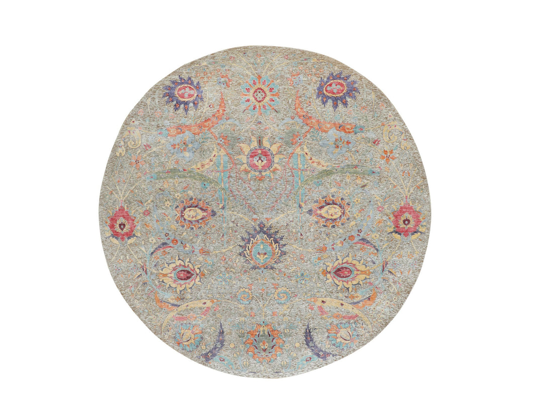 8'10" x 8'10" New Hand Knotted Beige Wool & Silk Round Oriental Rug - MOA10258172