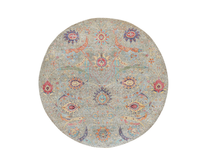 8'10" x 8'10" New Hand Knotted Beige Wool & Silk Round Oriental Rug - MOA10258172