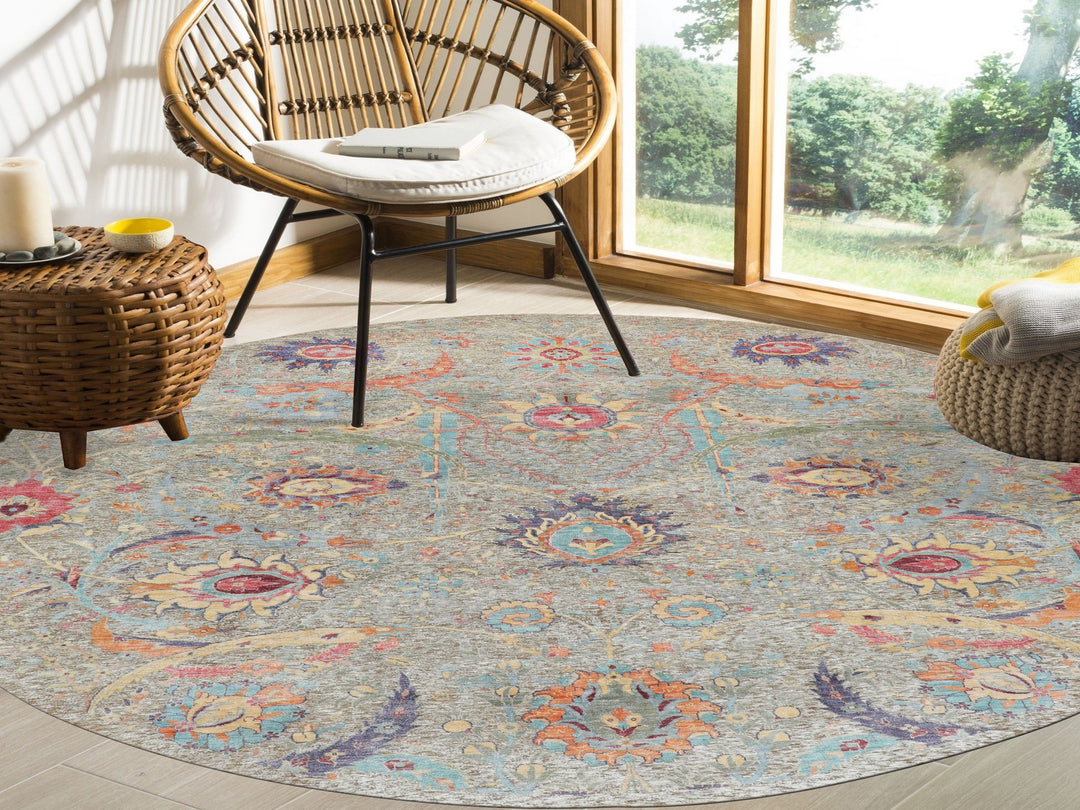 8'10" x 8'10" New Hand Knotted Beige Wool & Silk Round Oriental Rug - MOA10258172