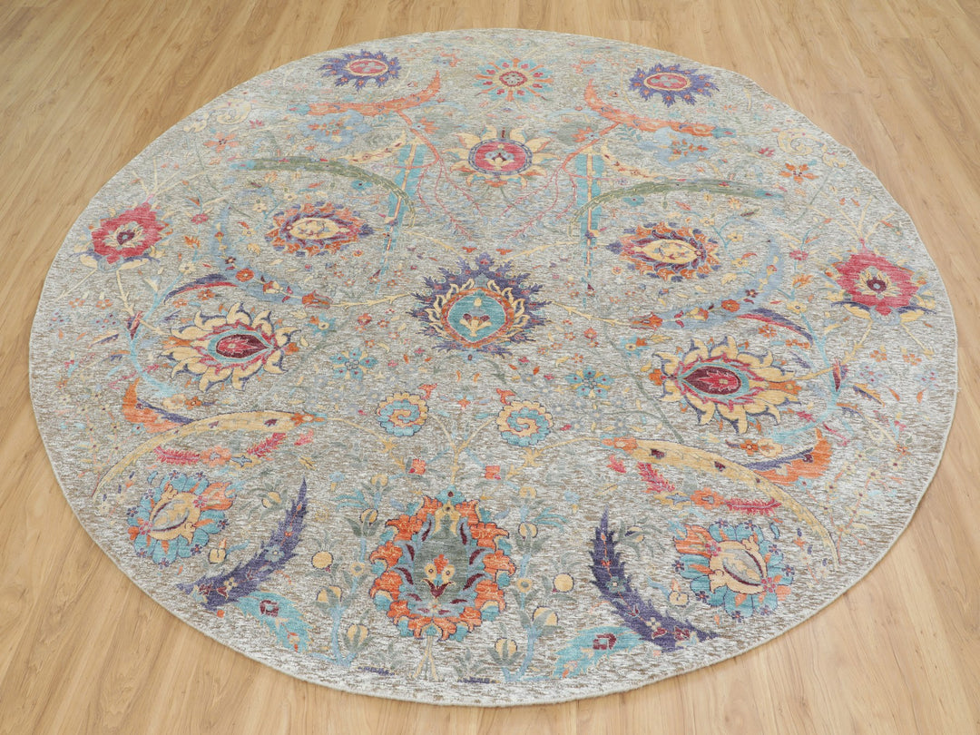 8'10" x 8'10" New Hand Knotted Beige Wool & Silk Round Oriental Rug - MOA10258172