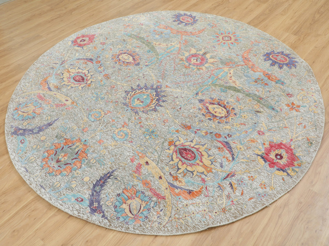 8'10" x 8'10" New Hand Knotted Beige Wool & Silk Round Oriental Rug - MOA10258172