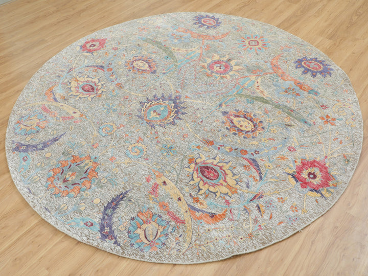 8'10" x 8'10" New Hand Knotted Beige Wool & Silk Round Oriental Rug - MOA10258172