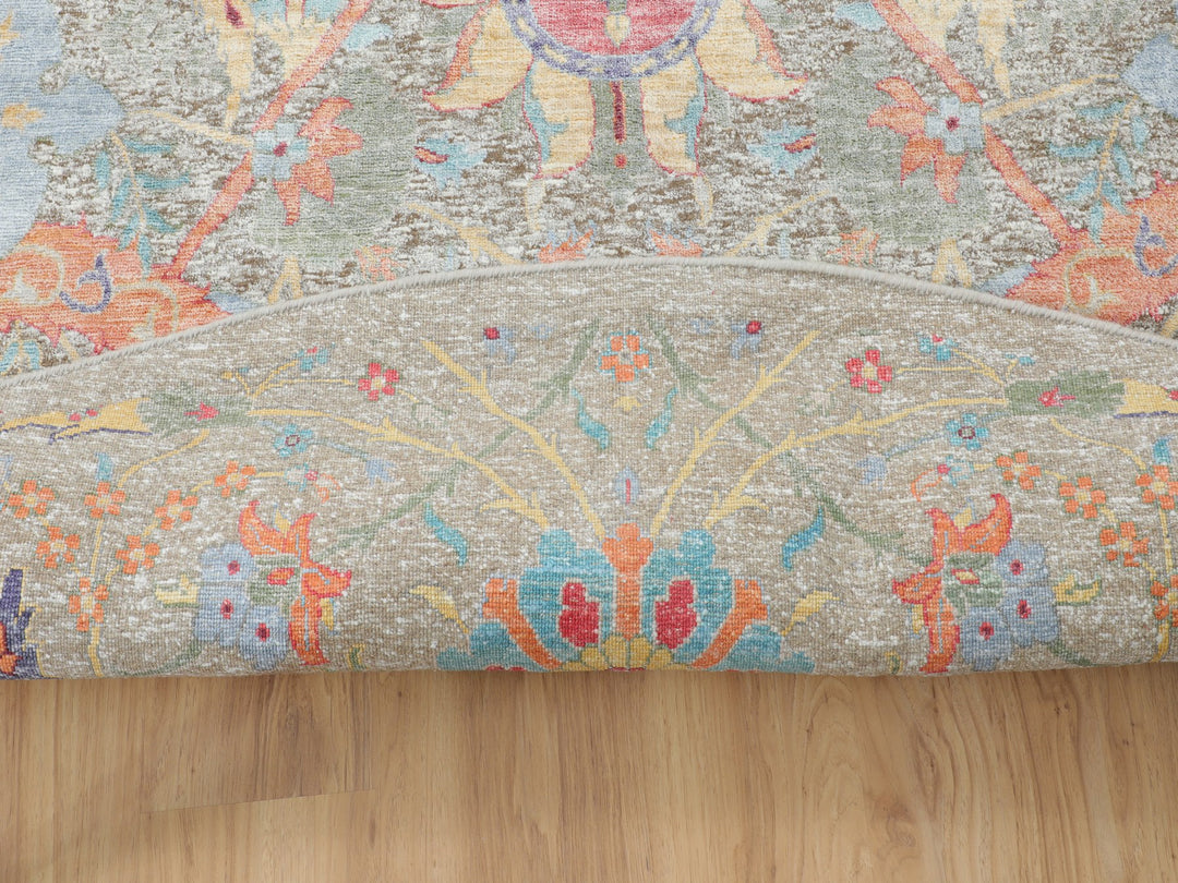 8'10" x 8'10" New Hand Knotted Beige Wool & Silk Round Oriental Rug - MOA10258172