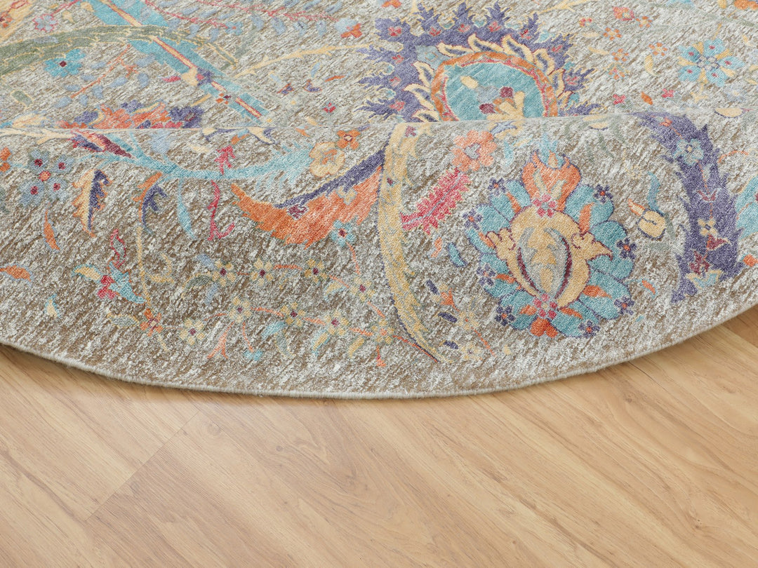 8'10" x 8'10" New Hand Knotted Beige Wool & Silk Round Oriental Rug - MOA10258172