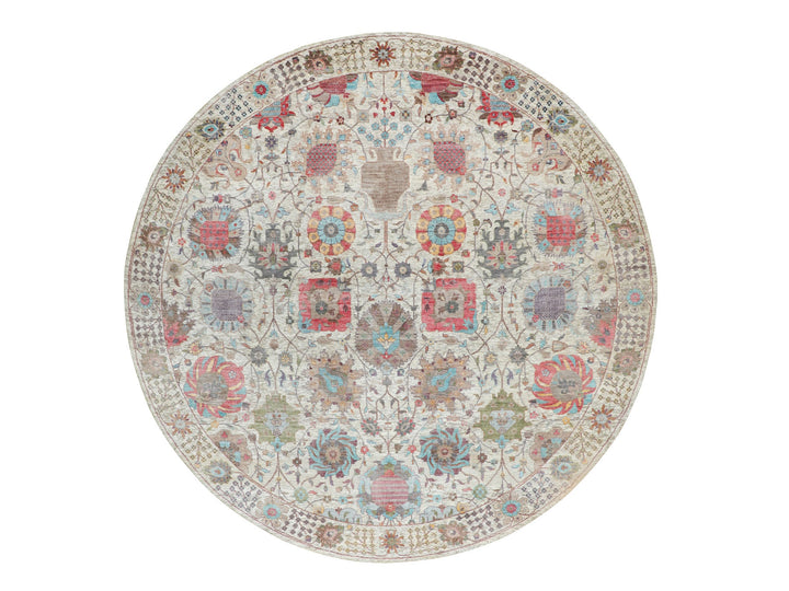 10'0" x 10'0" New Hand Knotted Ivory Wool & Silk Round Oriental Rug - MOA10258174