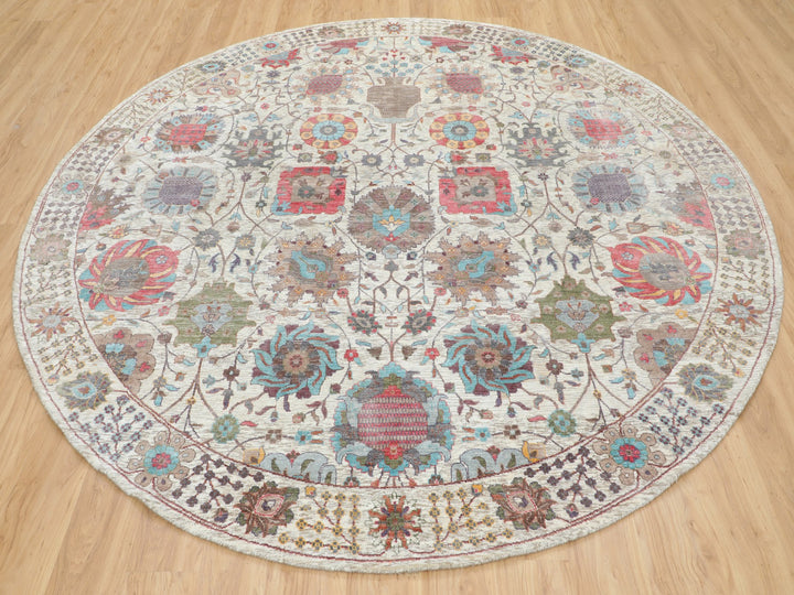 10'0" x 10'0" New Hand Knotted Ivory Wool & Silk Round Oriental Rug - MOA10258174