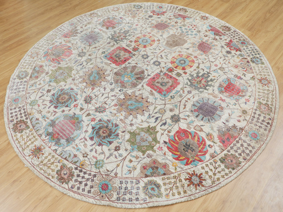 10'0" x 10'0" New Hand Knotted Ivory Wool & Silk Round Oriental Rug - MOA10258174