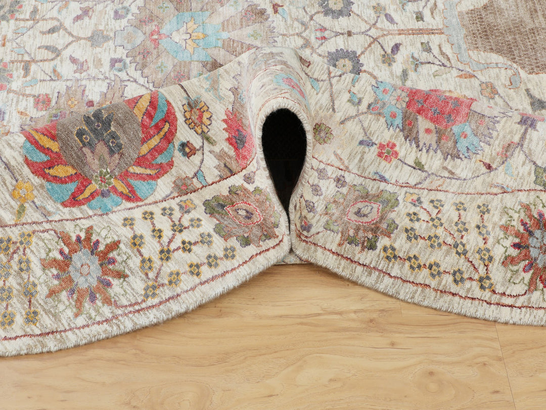 10'0" x 10'0" New Hand Knotted Ivory Wool & Silk Round Oriental Rug - MOA10258174