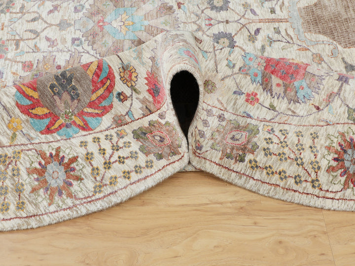 10'0" x 10'0" New Hand Knotted Ivory Wool & Silk Round Oriental Rug - MOA10258174