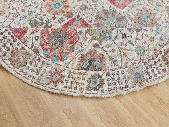 10'0" x 10'0" New Hand Knotted Ivory Wool & Silk Round Oriental Rug - MOA10258174