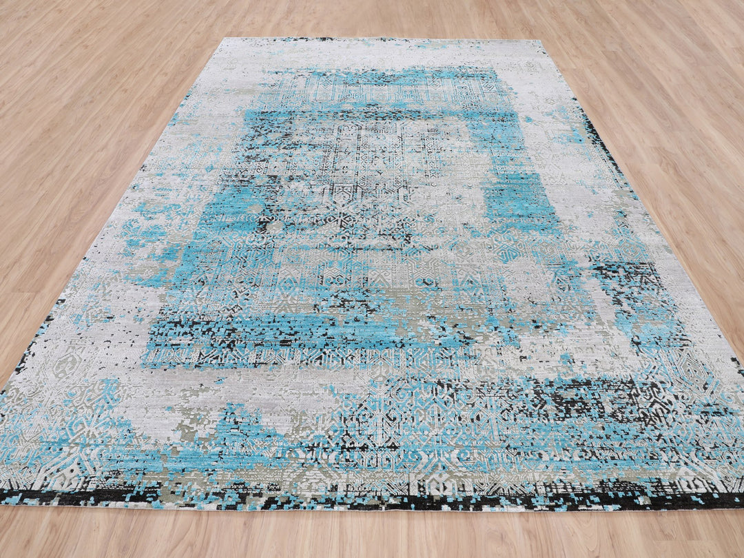 8'9" x 11'10" New Hand Knotted Grey Wool & Silk Rectangle Oriental Rug - MOA10258201