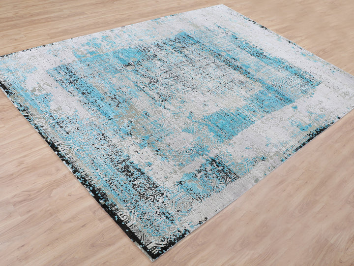 8'9" x 11'10" New Hand Knotted Grey Wool & Silk Rectangle Oriental Rug - MOA10258201