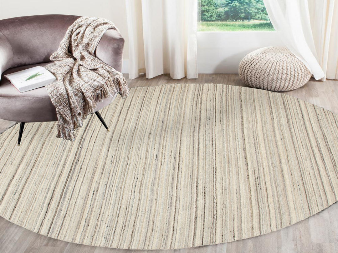 8'0" x 8'0" New Hand Loomed Beige Wool Round Oriental Rug - MOA10258350