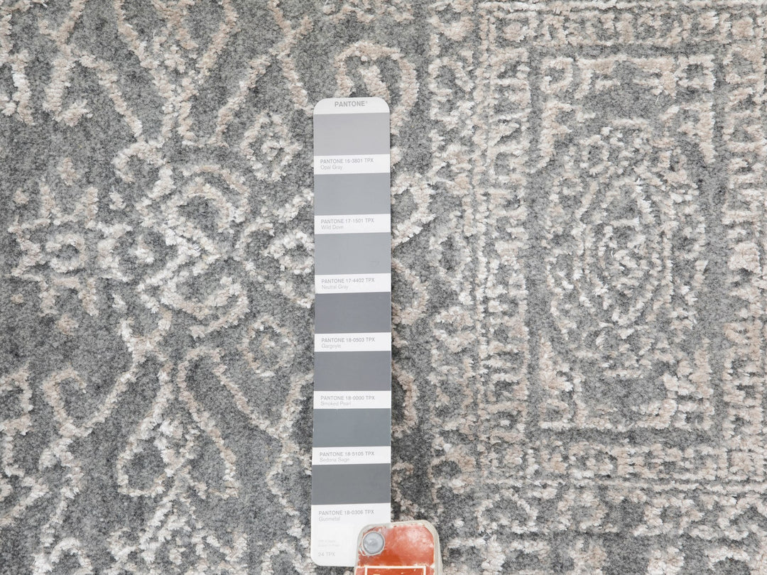 5'10" x 9'1" New Hand Loomed Grey Wool & Art Silk Rectangle Oriental Rug - MOA10258409