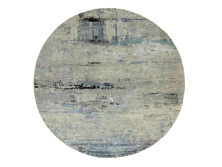 12'0" x 12'0" New Hand Knotted Grey Wool & Silk Round Oriental Rug - MOA10258515