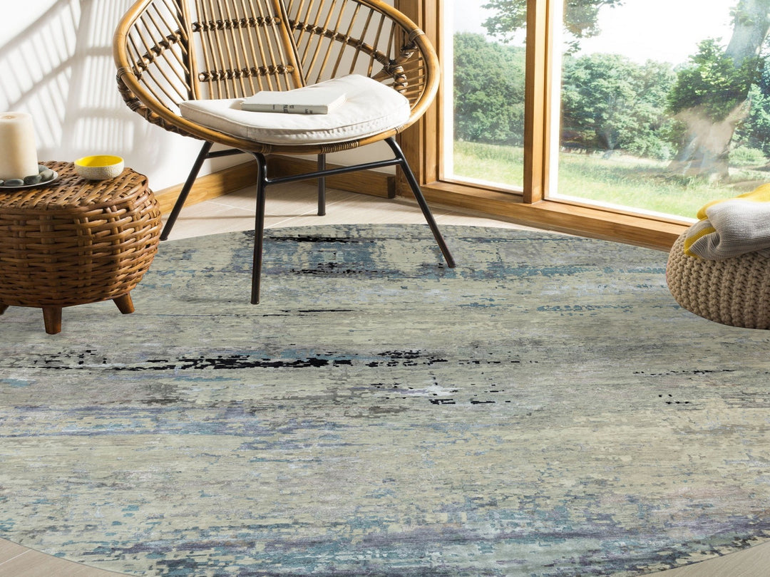 12'0" x 12'0" New Hand Knotted Grey Wool & Silk Round Oriental Rug - MOA10258515