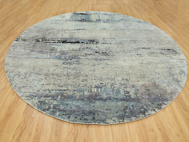 12'0" x 12'0" New Hand Knotted Grey Wool & Silk Round Oriental Rug - MOA10258515