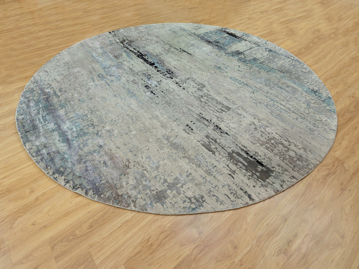 12'0" x 12'0" New Hand Knotted Grey Wool & Silk Round Oriental Rug - MOA10258515