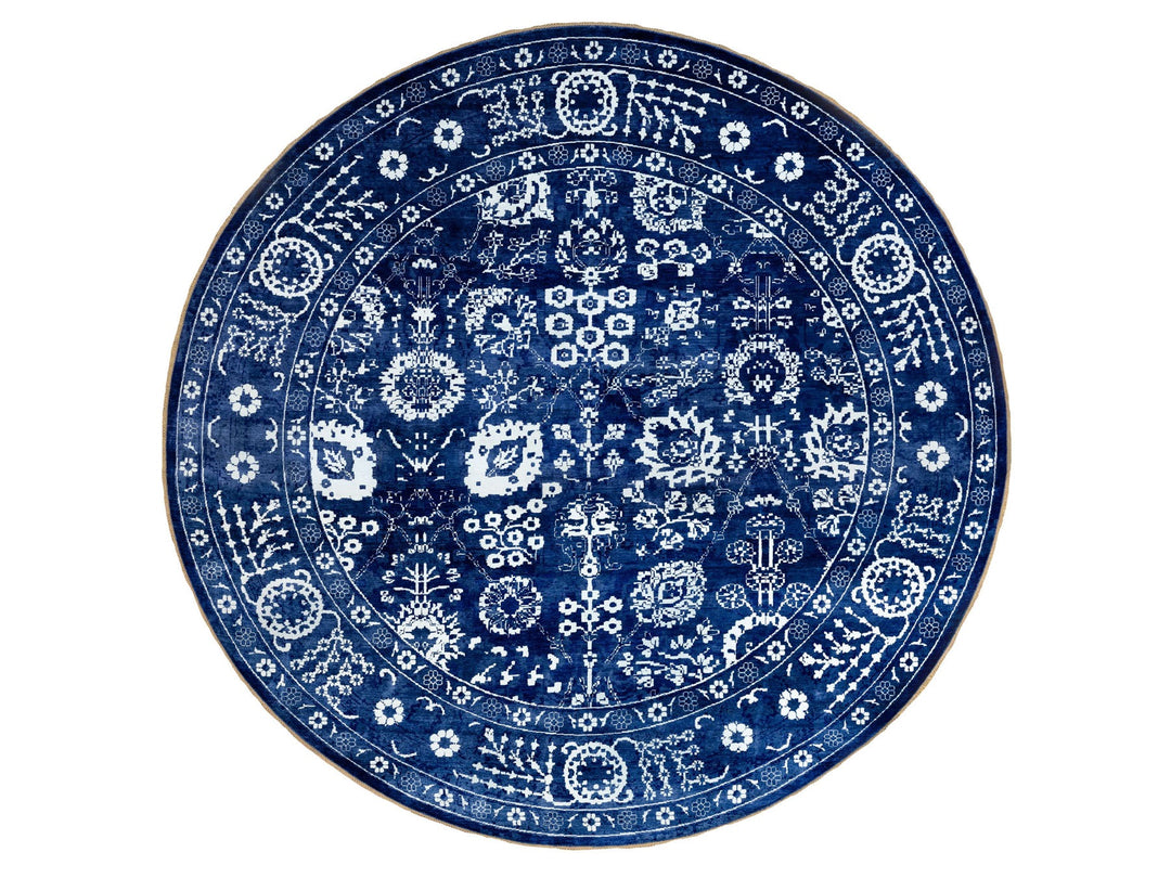 14'0" x 14'0" New Hand Knotted Blue Wool & Silk Round Oriental Rug - MOA10258562