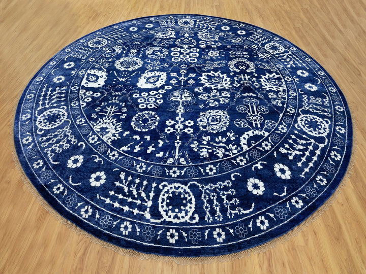 14'0" x 14'0" New Hand Knotted Blue Wool & Silk Round Oriental Rug - MOA10258562