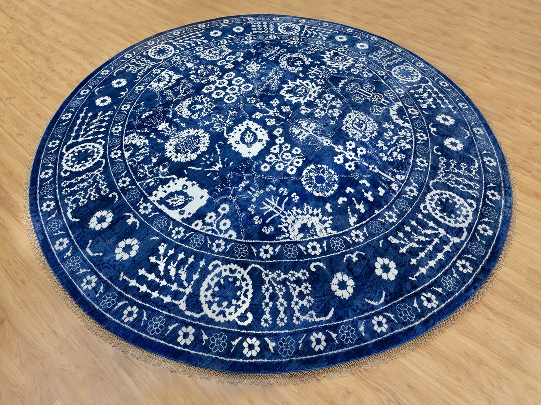 14'0" x 14'0" New Hand Knotted Blue Wool & Silk Round Oriental Rug - MOA10258562