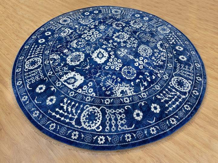 14'0" x 14'0" New Hand Knotted Blue Wool & Silk Round Oriental Rug - MOA10258562