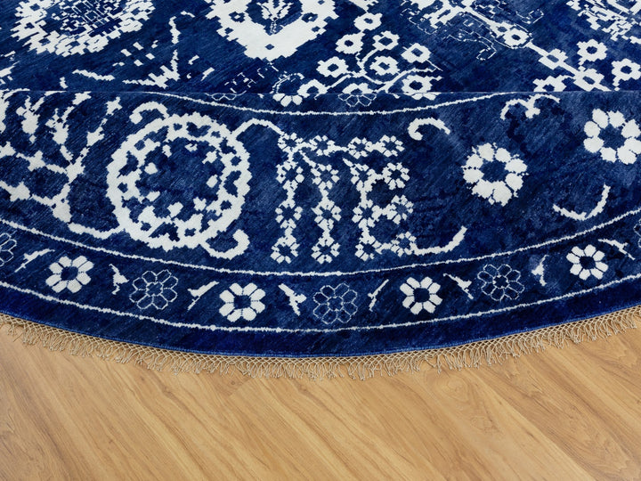 14'0" x 14'0" New Hand Knotted Blue Wool & Silk Round Oriental Rug - MOA10258562