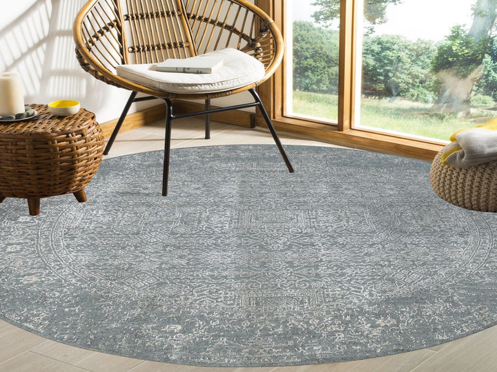 8'0" x 8'0" New Hand Loomed Grey Wool & Art Silk Round Oriental Rug - MOA10258601