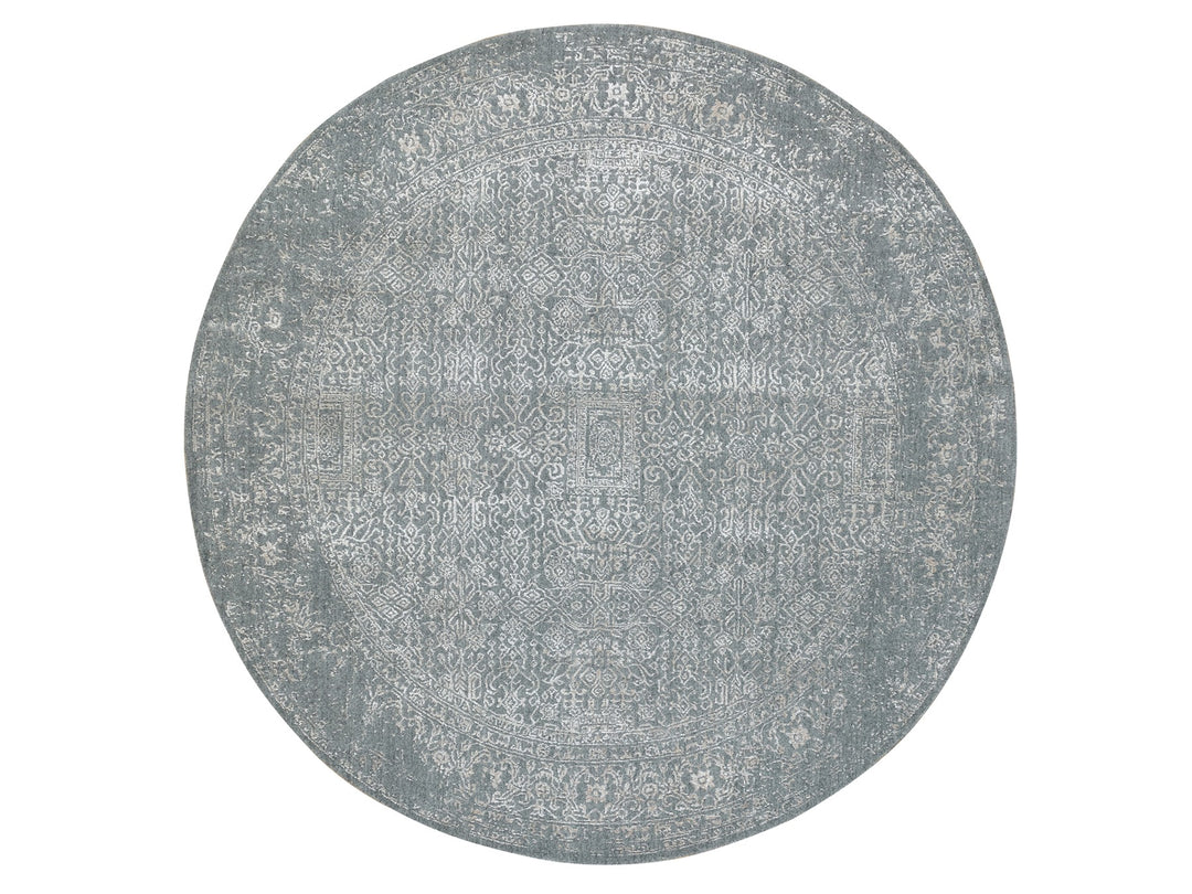 7'10" x 7'10" New Hand Loomed Grey Wool & Silk Round Oriental Rug - MOA10258616