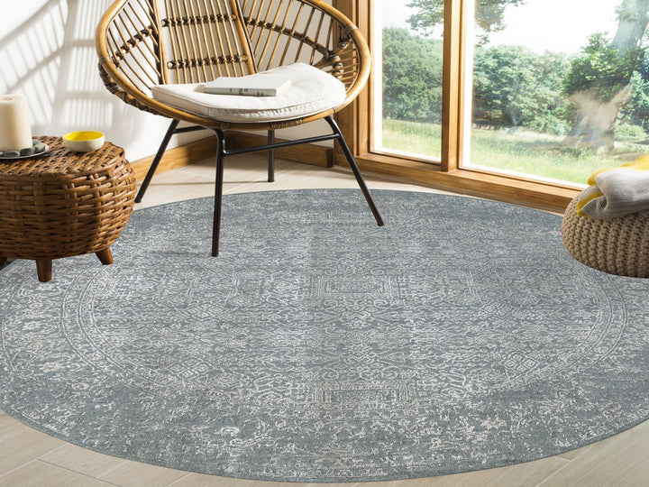 7'10" x 7'10" New Hand Loomed Grey Wool & Silk Round Oriental Rug - MOA10258616