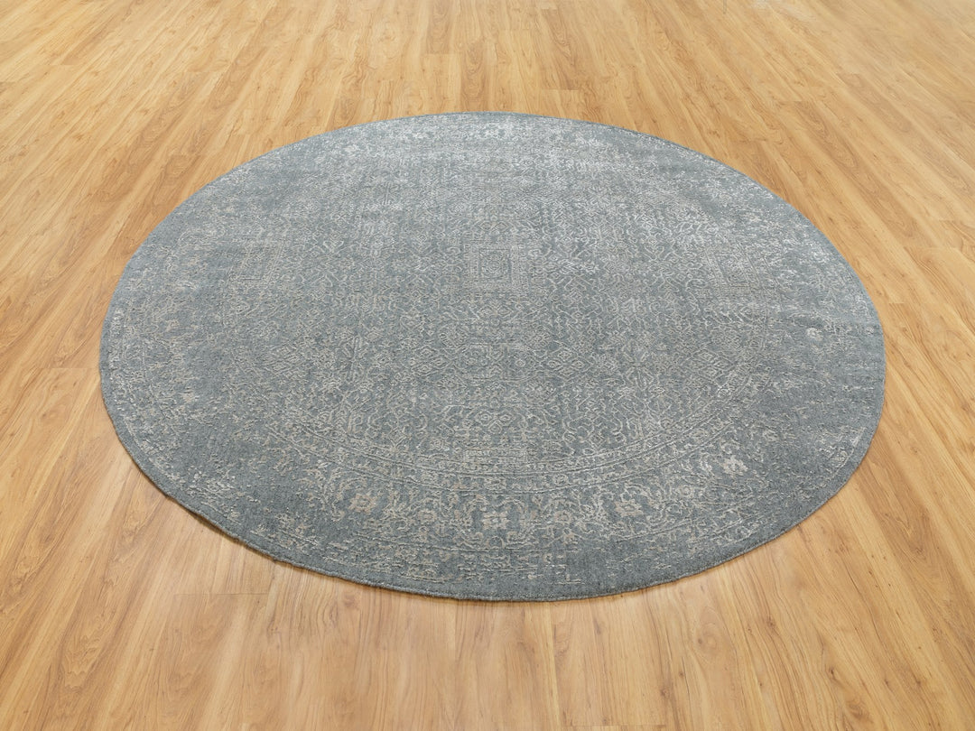 7'10" x 7'10" New Hand Loomed Grey Wool & Silk Round Oriental Rug - MOA10258616