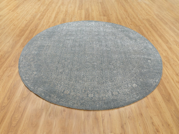7'10" x 7'10" New Hand Loomed Grey Wool & Silk Round Oriental Rug - MOA10258616