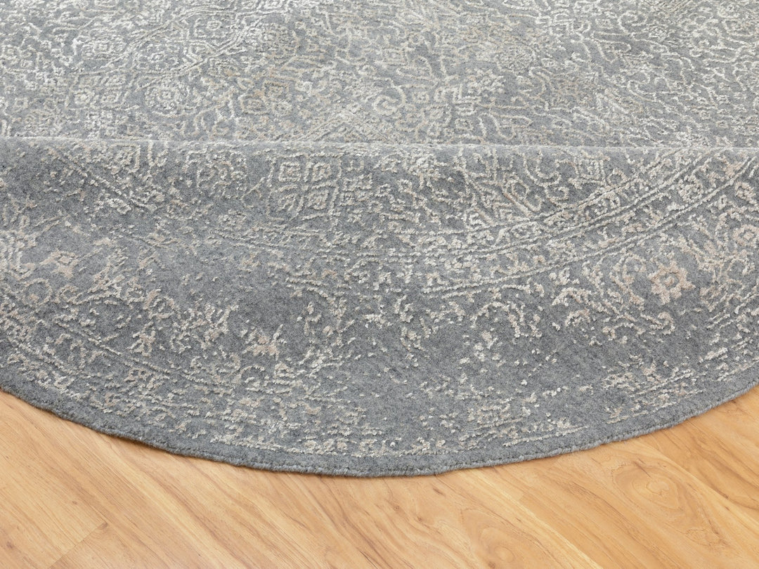 7'10" x 7'10" New Hand Loomed Grey Wool & Silk Round Oriental Rug - MOA10258616