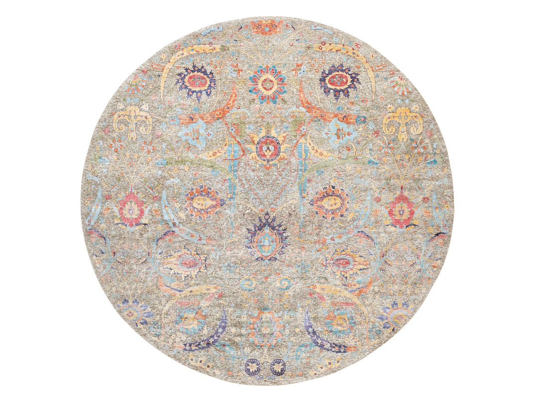 12'0" x 12'0" New Hand Knotted Beige Wool & Silk Round Oriental Rug - MOA10258965