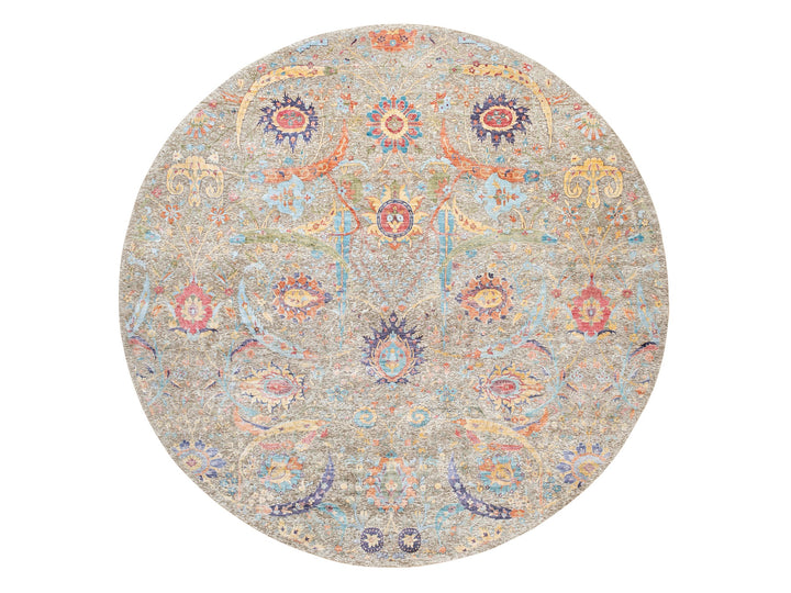 12'0" x 12'0" New Hand Knotted Beige Wool & Silk Round Oriental Rug - MOA10258965